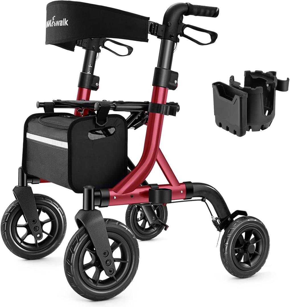 MAXWALK Walkers for Seniors, Rollator Walker with Seat, 10" Rubber Wheels All Terrain Rollator Walker with Backrest, Aluminum Walkers Built-in Cable, Foldable and Adjustable Height for Seniors, Red