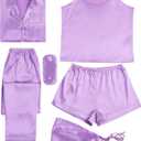 LYANER Women's Pajamas Set 7pcs Silk Satin Sleepwear Loungewear Cami Shirt Pj Set (Medium, Purple)