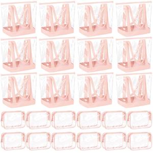 Sweetude 24 Pcs Clear Tote Bags with Makeup Bags, 16x13x5.5 Beach Tote Bags Bulk Waterproof for Women Team Travel Stadium(Orange Pink)