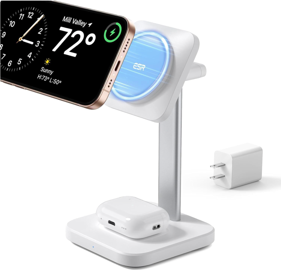 ESR 2 in 1 Magsafe Charger Stand, Wireless Charger Stand for iPhone [Certified], Magsafe Wireless Charging for Multiple Devices iPhone 17e/17/16/15/14/13/12, Apple Watch& AirPods 4/3, White