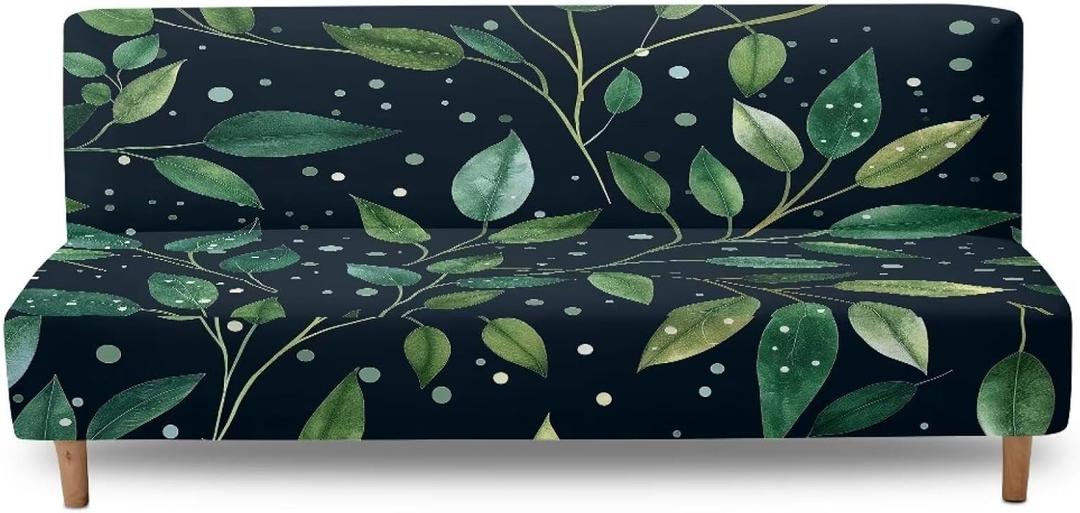 Armless Sofa Couch Cushion Cover Full Protector Slipcover with Elastic Bands Furniture Protector Stretch Fabric Futon Covers Green Leaf Print