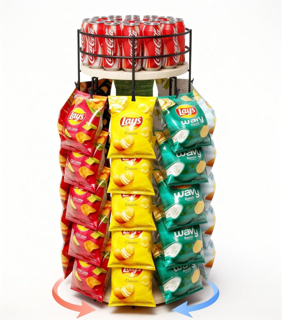 Liaakrr 360 Rotating Snack Display Stand with Secure Top Tier, Holds Drinks & Chips, 5-Tier 40-Clip Countertop Organizer for Party, Kitchen, Store-Beige