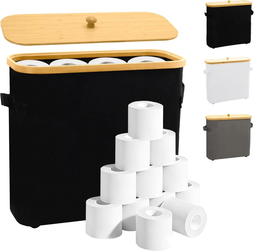 MinBoo Toilet Paper Basket, Storage with Lid, Toilet Paper Organizer for Bathroom, Free Standing Toilet Paper Holder with Storage,Black