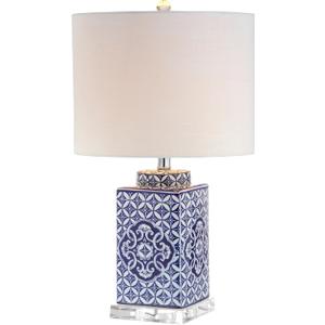 JONATHAN Y JYL3006A 23" Traditional Chinoiserie Blue and White Ceramic Table Lamp, Bedside Lamp for Living Room, Bedroom Nightstand, End Table Desk Lamp with White Linen Drum Shade, LED Bulb Included