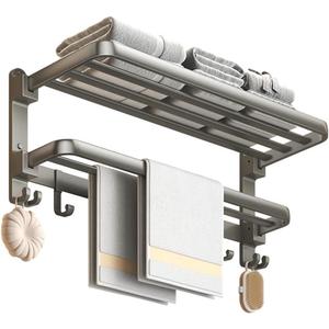 (1 Pack) Yariwiz Grey Towel Rack Wall Mounted No Drill and Screw Mounting, Bathroom Bath Shower Length 24 inch Double Towel Rod with Shelf Hotel Towel Rack B0502-GREY
