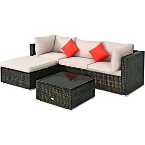 5-Piece Outdoor Patio Furniture Set, Glass Top Coffee Table and Lounge Sofa with Cushions, PE Rattan Conversation Set for Garden, Deck, Backyard (Beige)