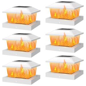 APONUO Solar Post Cap Lights with Flickering Flame & Warm White, 6-Pack for 4x4 Wood/ 5x5 Vinyl Posts, Solar Powered Deck & Fence Lights, Auto On/Off, IP65 Waterproof, Glossy White