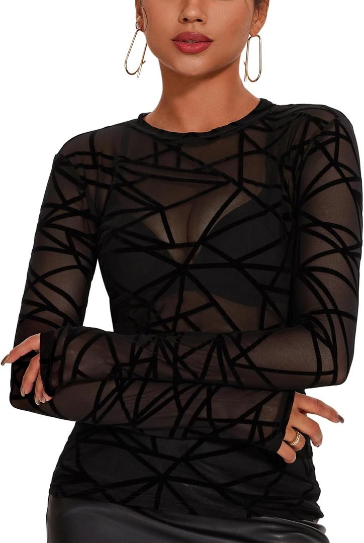 AKEWEI Womens Mesh Long Sleeve Tops Crew Neck Sexy See Through Tee Shirts Party Club Night Lace Blouse (Medium, Black Line)