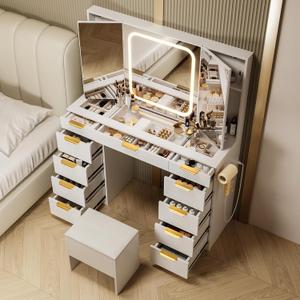Pamapic 11 Drawers Vanity Desk with Foldable Mirror, Glass Top Makeup Vanity with LED Lights, 3 Lighting Modes, Golden Handles Dressing Table with Chair and Power Outlet (White)