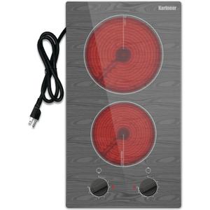 Karinear Electric Cooktop 2 Burners, 110v Portable Electri Stove Top with Knob, Glass Cooktop, Beautiful Woodgrain Pattern, Built-in and Countertop Electric Ceramic Cooktops, 12 Inch, 110v Outlet Plug
