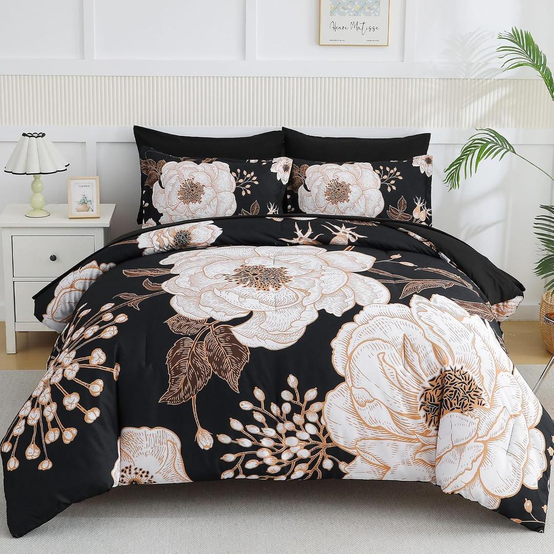 Luxudecor Floral King Comforter Set 7 Pieces Bed in a Bag, White Flower Print on Black Bedding Set, Soft Reversible Comforter with Sheet Set 104"x90"