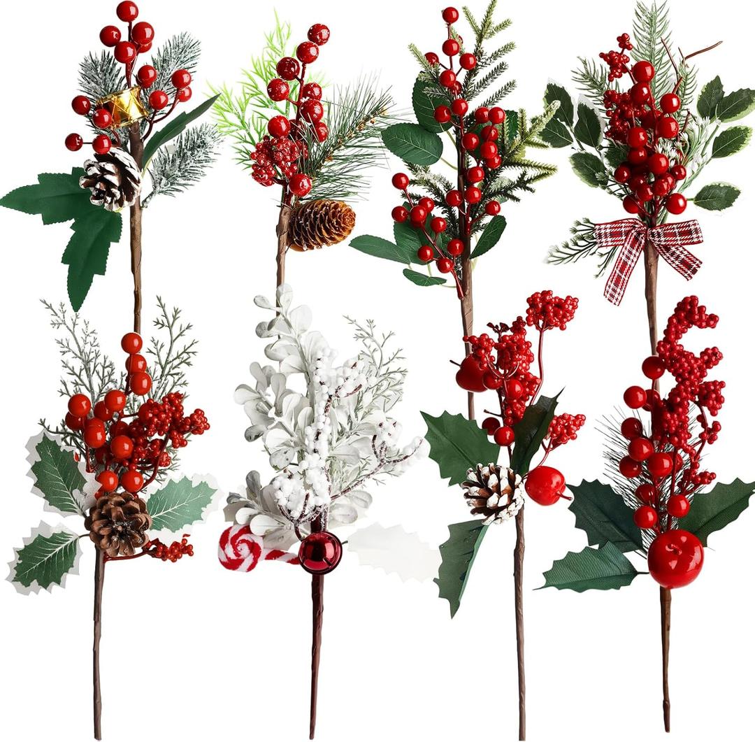 8 Pcs Large Artificial Christmas Picks, Christmas Tree Picks, Assorted Red Berry Picks Stem Faux Pine Picks Spray with Pinecones Holly Leaves for Xmas Winter Holiday Season Home Decor