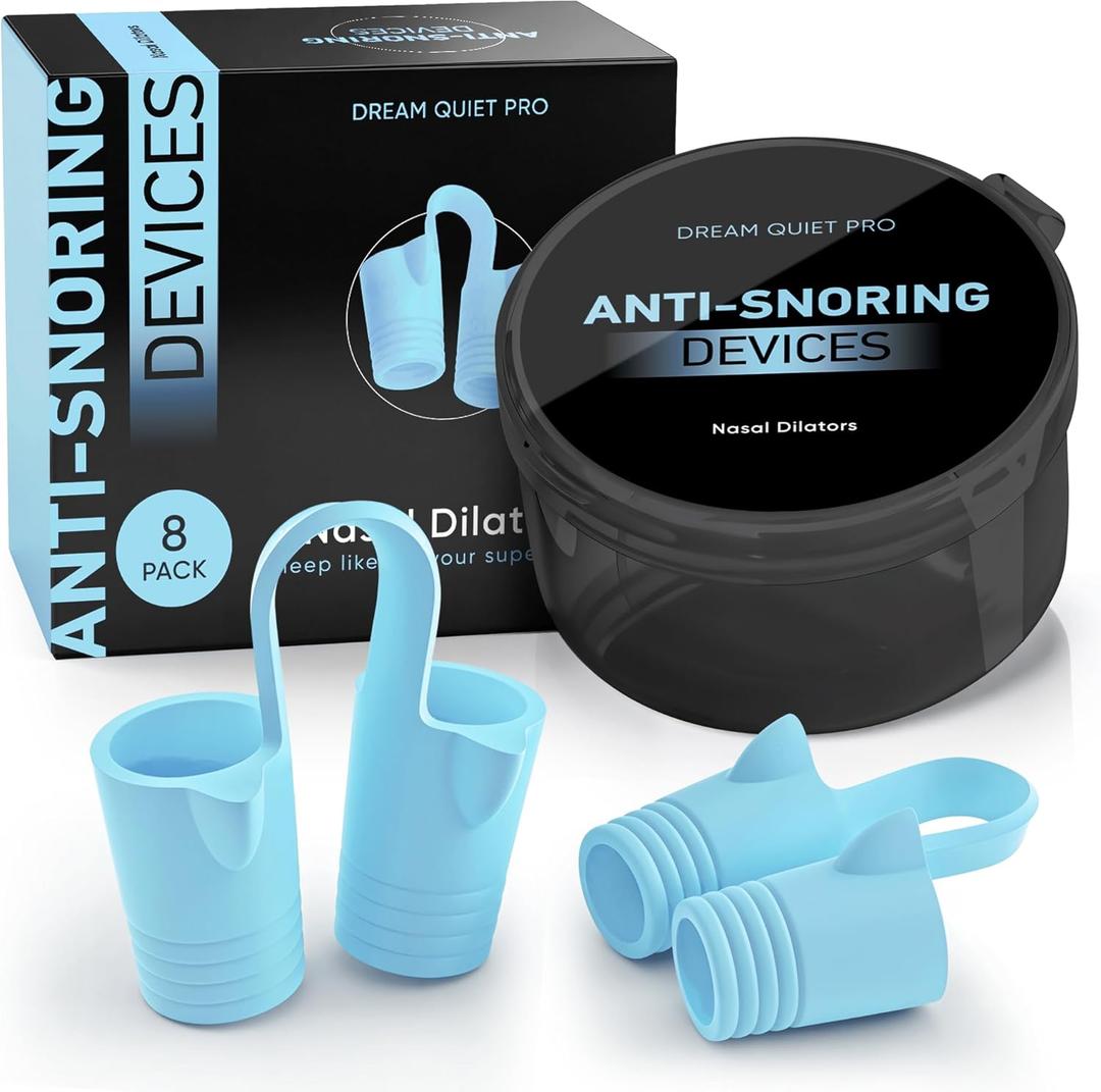 Anti Snoring Devices  Nasal Dilators - Nose Clips for Snore Relief & Better Sleep  Comfortable Silicone Snore Stopper  Anti Snoring Nose Vents  8 Pack + Travel Case (Cold Blue)