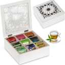 handrong Tea Box Tea Bag Organizer Wooden Tea Bag Holder Modern Tea Chest with 9 Compartments and Glass Cover for Home Tea Parties and Gift (White)