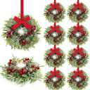 8 Pcs 9 Inch Christmas Artificial Wreaths for Kitchen Cabinet Norfolk Pine Garland with Red Berries Pinecones Wreaths Swags Snowy Pine Candle Rings Holder for Christmas Decorations Table Centerpiece