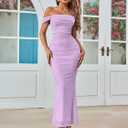 KUTUMAI Off The Shoulder Maxi Long Dress Corset Ruched Bodycon Cocktail Formal Wedding Guest Dresses for Women (Purple, L)