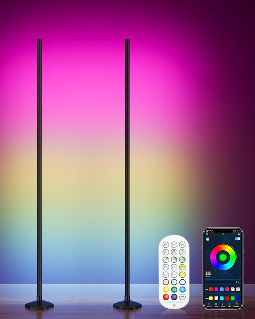 2PCS RGB Corner Floor Lamp, 65" Color Changing LED Floor Lamp Music Sync Light Bar Bluetooth APP Remote Control 16 Million DIY Colors, Light Timing, Mood Ambient Lighting