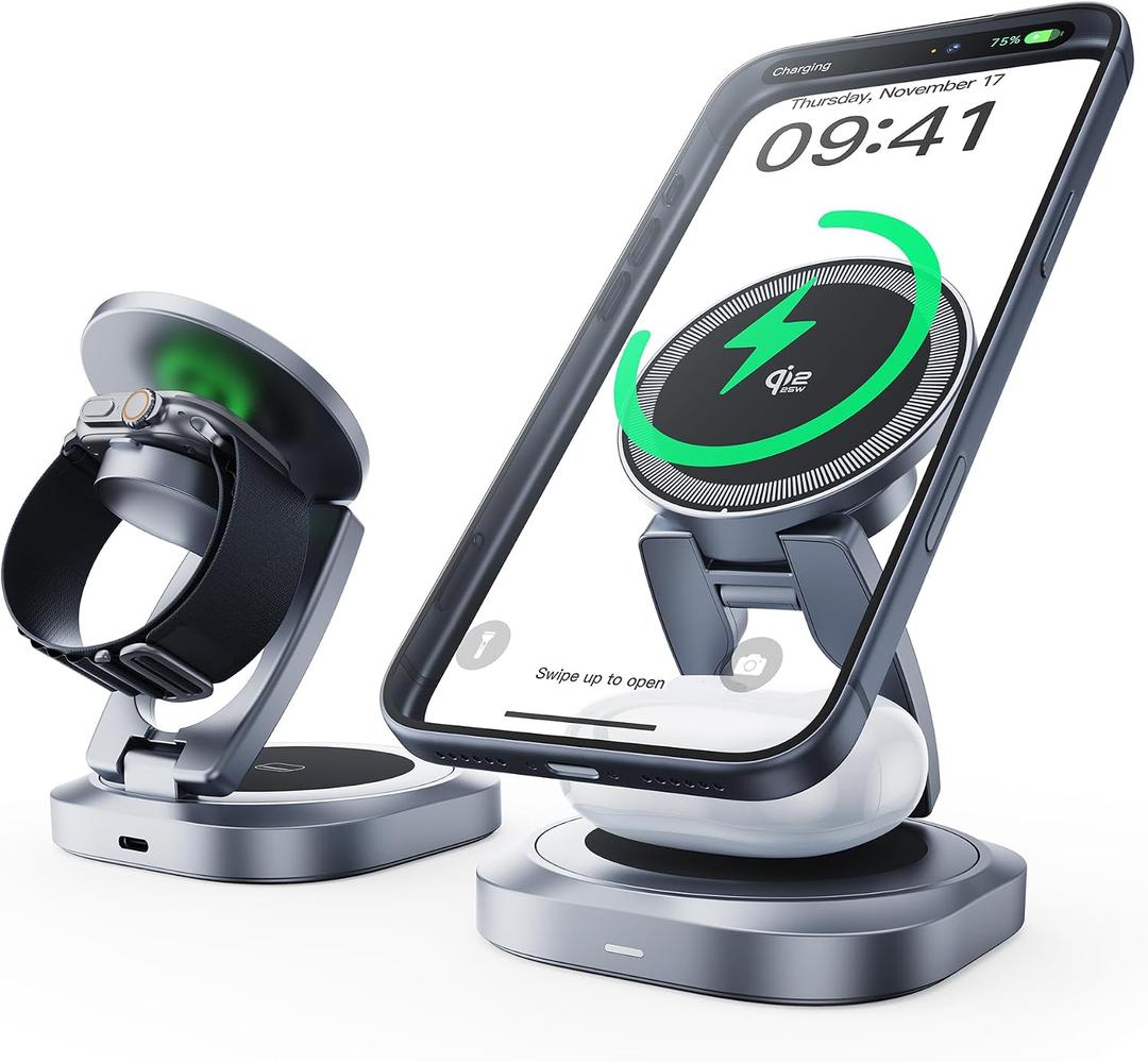 REWONDER Qi2.2 25W Magnetic 3-in-1 Wireless Charger, Foldable Aluminum Charging Stand for iPhone 17/16/15, Pixel, Apple Watch & AirPods, Strong Magnet Stable Base,Travel Charger (Adapter Not Included)