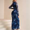 XinFSh Women's Spring Long Sleeve Wedding Guest Maxi Dress Mesh Ruched Bodycon Formal Cocktail Dresses (Blue, M)