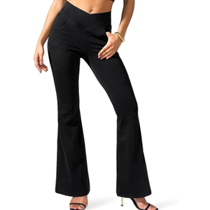 Rammus Flare Jeans for Women Crossover High Waisted Bell Bottom Jeans Trendy Yoga Pants Stretchy Flare Leggings with Pockets, 32 S