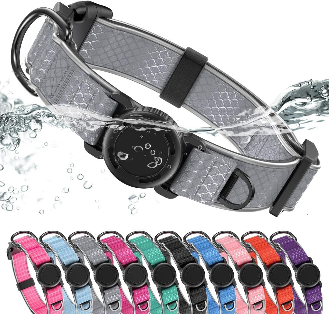 WhoseID Airtag Dog Collar | with Waterproof Air Tag Holder | QR Code Pet ID | Durable Comfortable Oxford Padded | Reflective Collar | for Small Puppy Dogs(Gray,S,10''~16'')