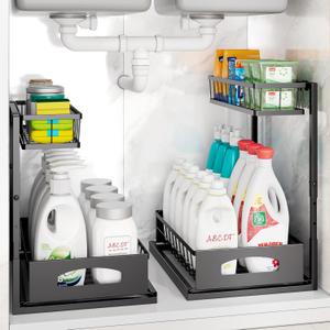 Under Sink Organizer, 2 Pack Height Adjustable Cabinet Organizer with Slide Out Drawer, Pull Out Under Sink Storage, Multi-Purpose 2 Tier Sink Shelves for Kitchen Bathroom Pantry (Black, 2 Pack)