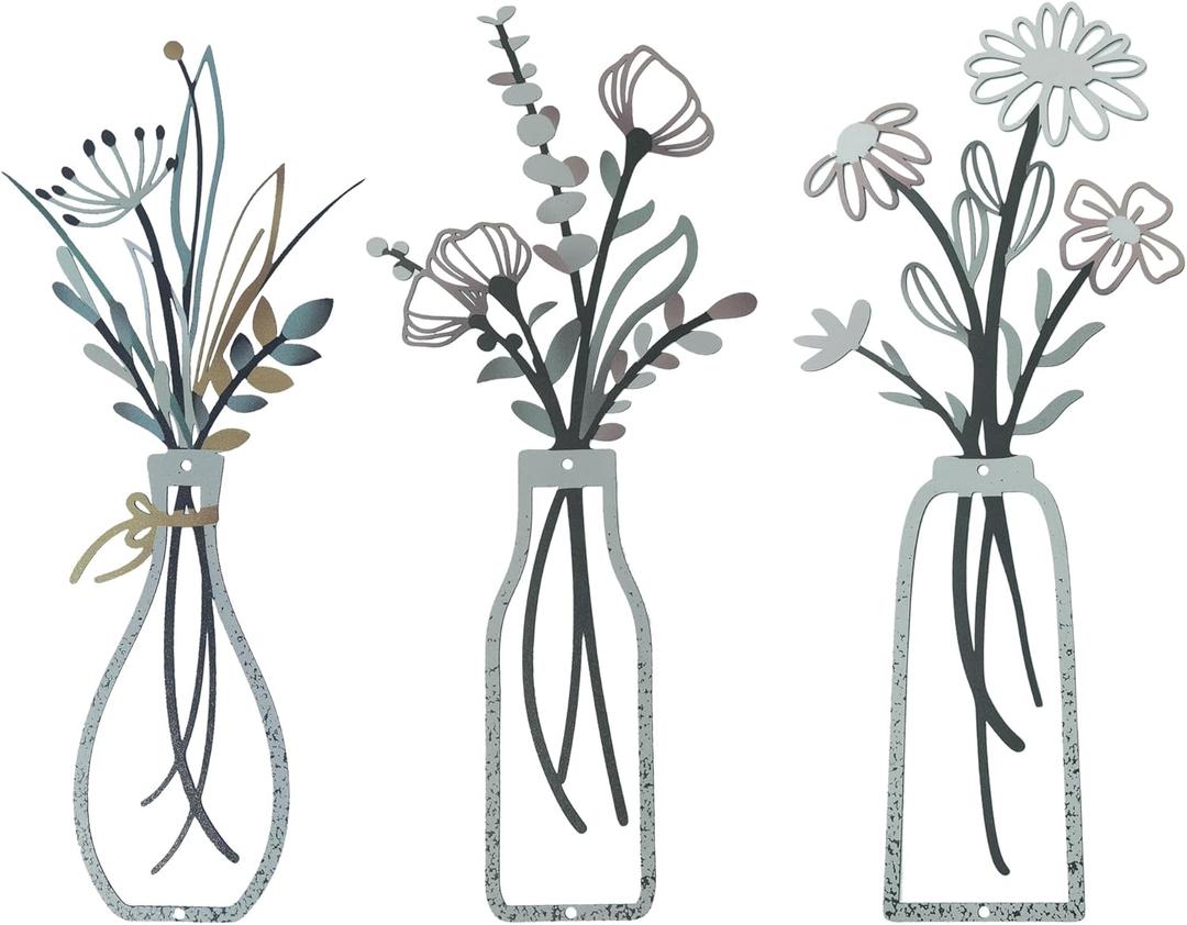 Nonforgetta Rustic Farmhouse Metal Flower Wall Art  Set of 3 Floral Decorations for Living Room, Bedroom, or Bathroom  Minimalist & Elegant Wall Dcor Gift (light blue)
