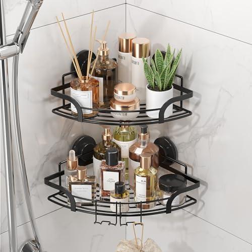TAILI Suction Cup Corner Shower Caddies, Drill-Free Wall Mounted Baskets, Stainless Steel Rustproof Shower Shelves with Hooks, Large Capacity Removable Suction Cup Bathroom Organizer, Black, 2 Pack