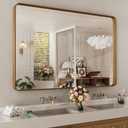 LOAAO 55X30 Inch Bathroom Mirror with Wood Grain Colored Metal Frame, Rounded Rectangle Metal Framed Bathroom Mirror, Anti-Rust, Hangs Horizontally or Vertically, Tempered Glass