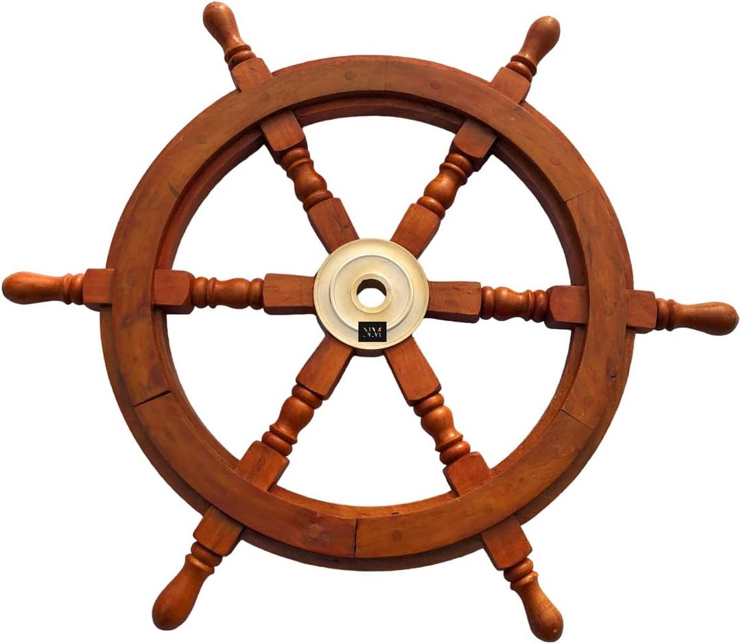 NauticalMart 18" Ships Wheel Wood & Brass Wheel Nautical Pirate's Steering Ship's Wheel Wall Hanging Ornament Decoration for Living Room & Office (18L" x 2W", Brown)