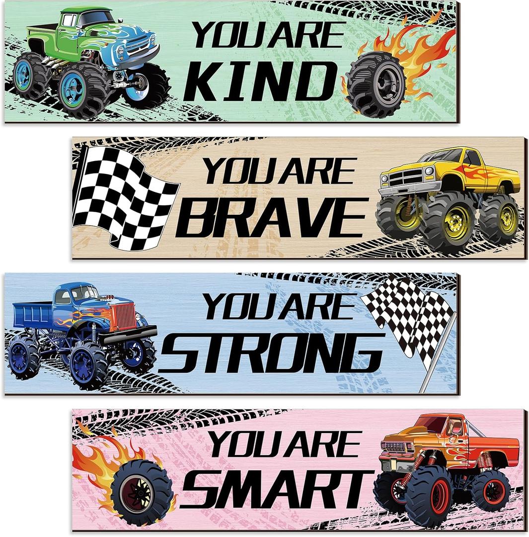 Adecortalk 4 Pcs Monster Truck Room Decor for Kids Boys, Bedroom Wall Hanging Decor with Wooden Design, Motivational Monster Truck Art Posters for Toddler Boys Room Playroom Bedroom Nursery Decor