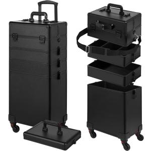 Rolling Makeup Case, Makeup Train Case with Lid, 5 in 1 Cosmetology Case on Wheels, Christmas Gift, Large Makeup Organizers, Profesional Cosmetic Case for Salon Barber, Black