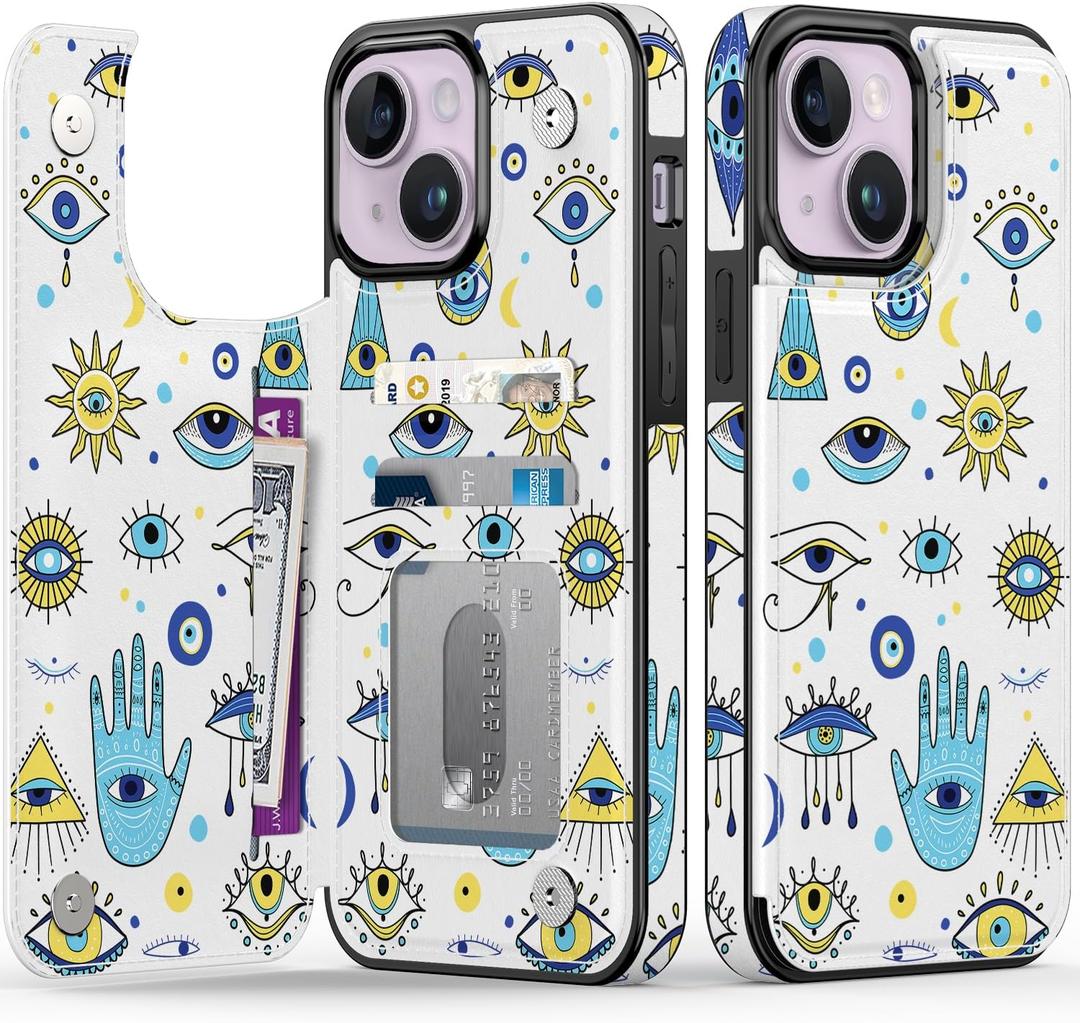 FUNMIKO for iPhone 14 Wallet Case with Card Holder, RFID-Blocking, Military-Grade Drop Protection & Floral Animal Design, Magnetic Closure with Leather Kickstand - Evil Eye