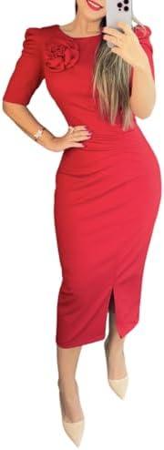 Women's Bodycon Midi Dress Ruched Puff Sleeve Cocktail Pencil Dress Casual Slit Party Work Dresses, Large