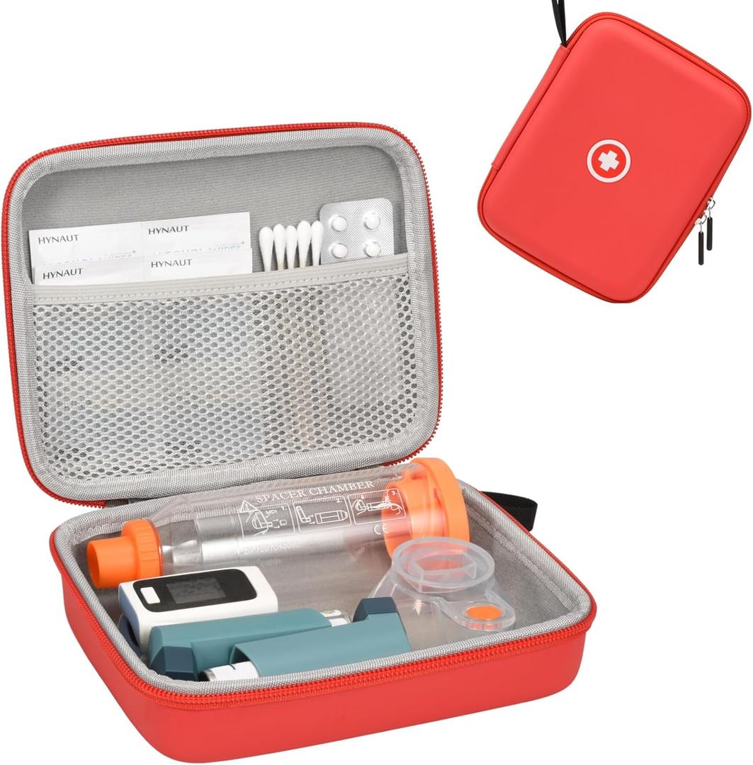 Hard Travel Case for Asthma Inhaler, Inhaler Spacer Case for Kids and Adults, Masks, Red (Bag Only)