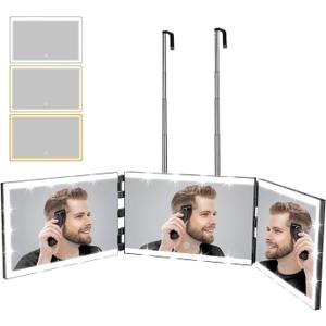 XIGETRAIL Rechargeable 3 Way Mirror for Self Hair Cutting with 8 Light Strips & Telescoping Hooks for Makeup,Shaving,Braiding&Styling-Trifold Barber Mirror