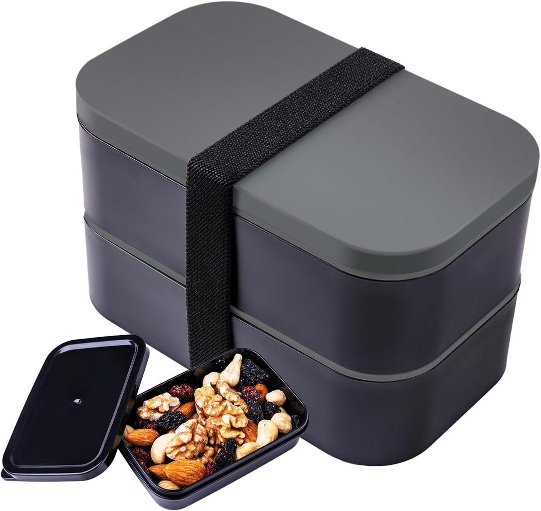 Stackable Bento Box with Utensils Microwave Safe, All-in-One Meal Prep Compartment Lunch Containers Leak Resistant Lunch Box with Sauce Container 60oz Gray  