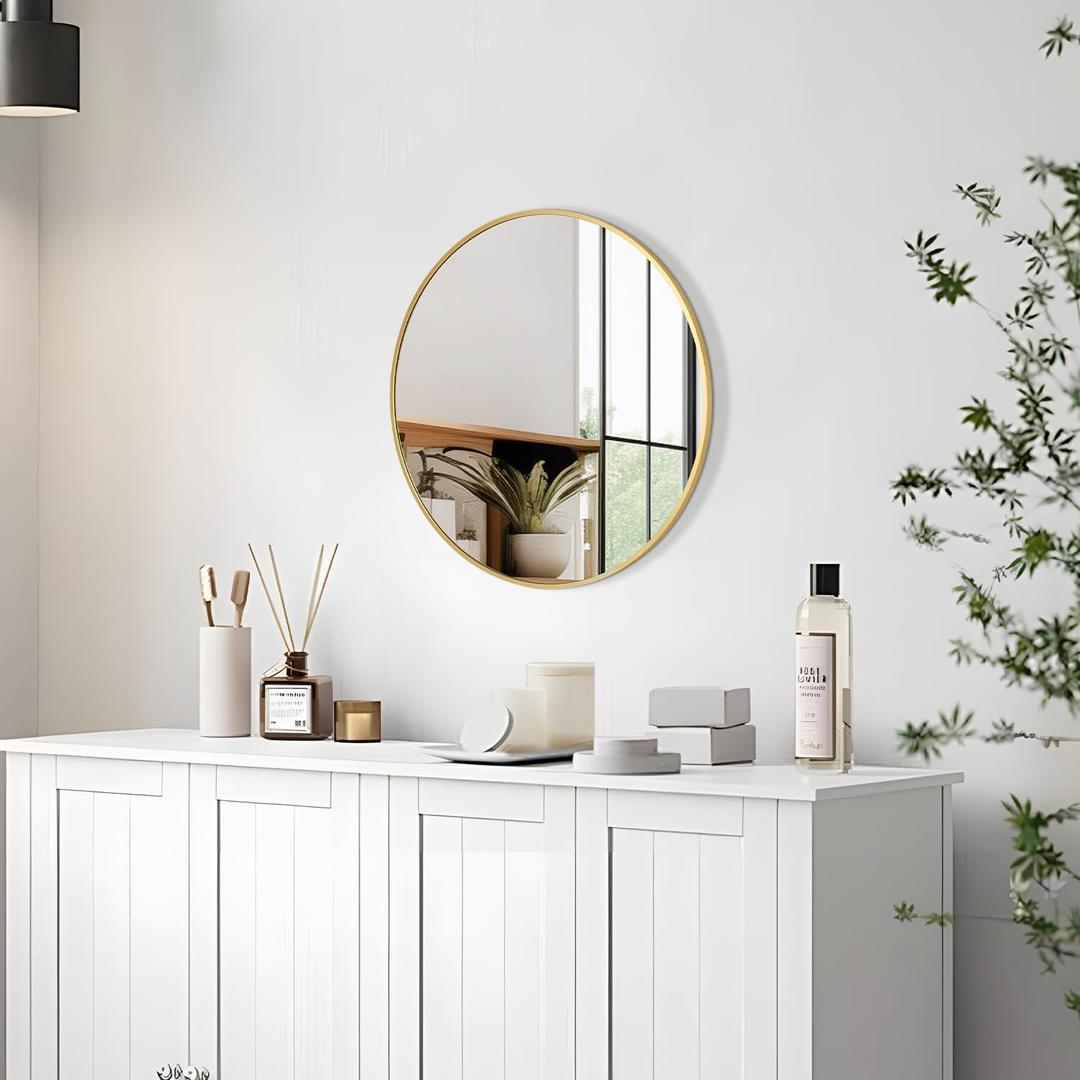 Round Mirror 12 Inch Gold Round Bathroom Mirror Circle Wall Mirrors Brushed Metal Frame Anti-Rust Tempered Glass Mirror for Bathroom Bedroom Entryway Living Room