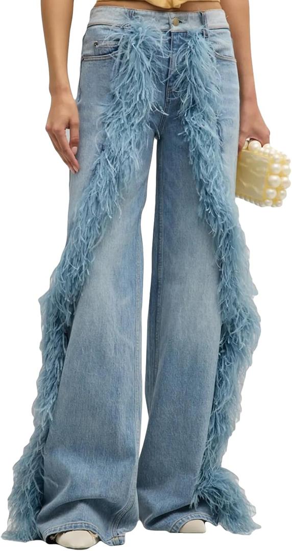 DINGANG Women's Casual High Waisted Straight Leg Jeans Feather-Trim Denim Baggy Stretchy Trousers Pants (XX-Large, Blue)