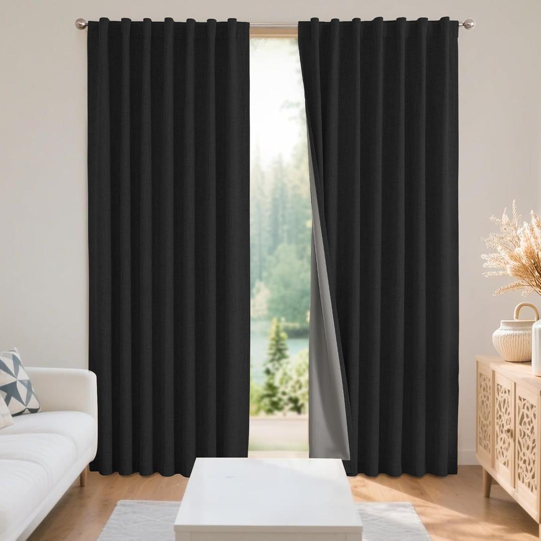 Joydeco Black Blackout Curtains for Bedroom - Linen Curtains84 inch, 100% Thermal Insulated 2 Panels Light Blocking Drapes, Rod Pocket & Back Tabs, Darkening Privacy for Living Room