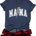Funny Mama Bow Shirts for Women Checkered Mom T-Shirt Momma Graphic Short Sleeve Tee Top (Blue, M)