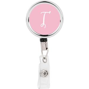 Andaz Press Retractable Badge Reel Holder with Clip, Heavy Duty Metal Name Tag Retractable ID Key Belt Clip Pink Letter Monogram, Floral Monogram T