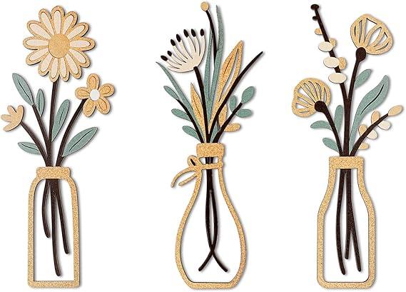puthiac Wooden Flowers Vase Wall Art Set — Minimalist Boho Farmhouse Floral Décor, Rustic Wooden Wall Decor for Bathroom/Living Room/Bedroom/Dining RoomHousewarming Gift