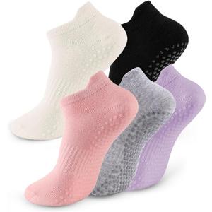 5 Pairs Pilates Socks with Grips for Women Non Slip Grip Yoga Crew Socks for Barre Hospital Barefoot Workout (Purple White Pink Grey Black)
