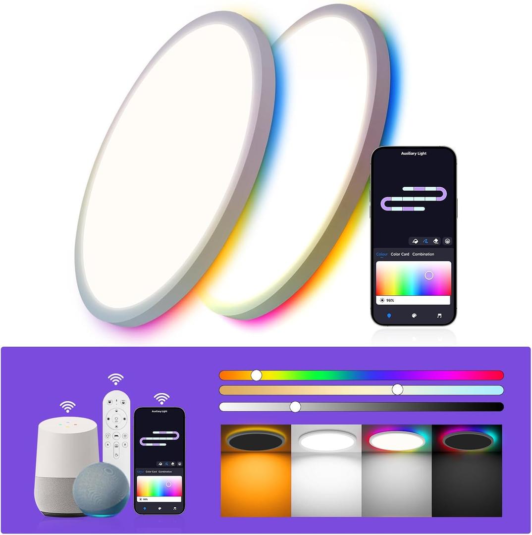 12 Inch 2 Pack RGB LED Flush Mount Smart Ceiling Light with Night Light 2700K, 24W 2400LM Ultra-Slim Ceiling Light Fixture with Remote, 16 Million DIY Colors, Compatible with Alexa/Google Assistant