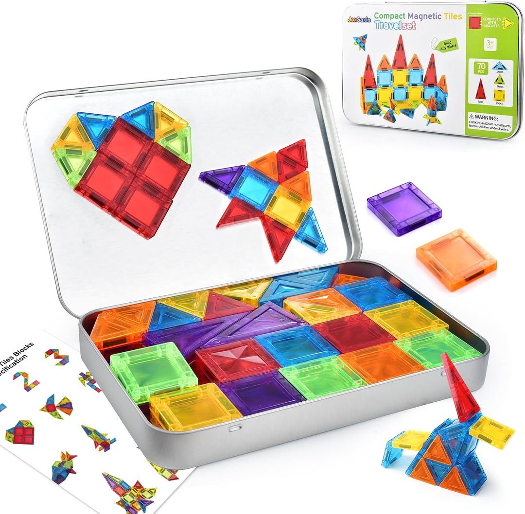 mini Magnetic Tiles,70pcs Travel Magnetic Tiles Set with Iron Box,Portable Magnetic Building Blocks for Kids Ages 3-8,STEM Montessori Educational Toys Gift for Boys & Girls