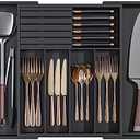 WUSHIZHUHUN Utensil Organizer Silverware Tray for Drawer - Bamboo Knife Drawer Organizer Expandable Cutlery Organizer in Drawer Knife Block W12.8-20.2" x L16 x H2 (Black)