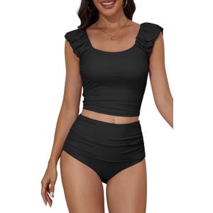 Eomenie Tankini Swimsuits for Women Ruched Tummy Control Bathing Suit Two Piece Swim Tank Top with High Waisted Bottom (XX-Large, Black)