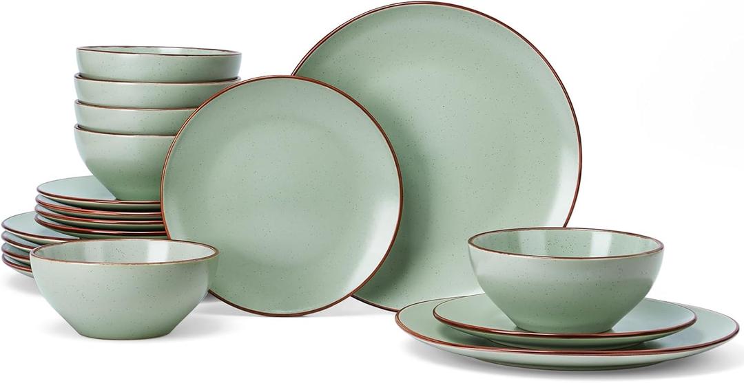Famiware Venus Ceramic Plates and Bowls Sets, Speckled Dinnerware Dish Sets for 6 (18 Pieces) - Microwave and Dishwasher Safe, Matte Light Green (Set(18pcs), Light Green)