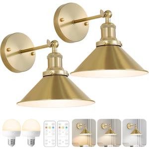 Gold Vintage Wireless Battery Operated Wall Sconces, Rechargeable Cordless Battery Powered Led Wall Lights Set of 2, Wall Lamp Fixture Indoor with Remote Control for Bedroom Farmhouse Gallery